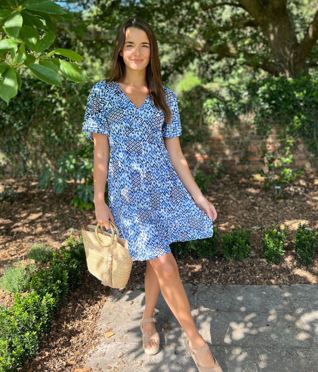 Blue Aztec Flutter Dress