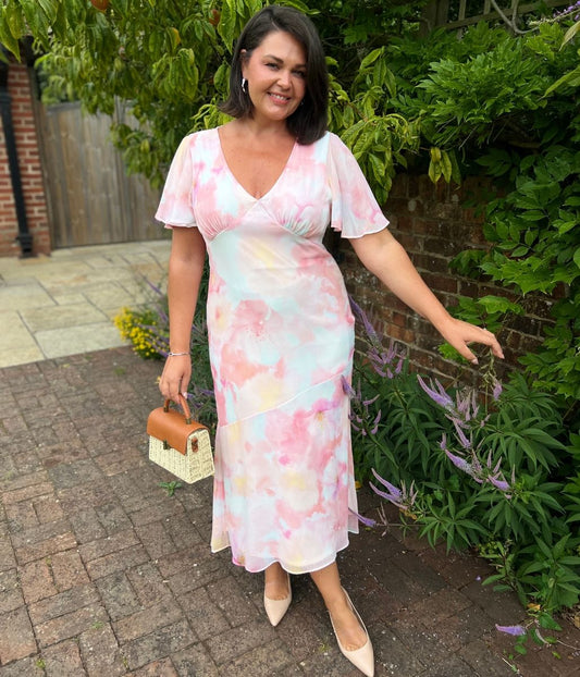 Blush Pink Flutter Sleeve Midi Dress
