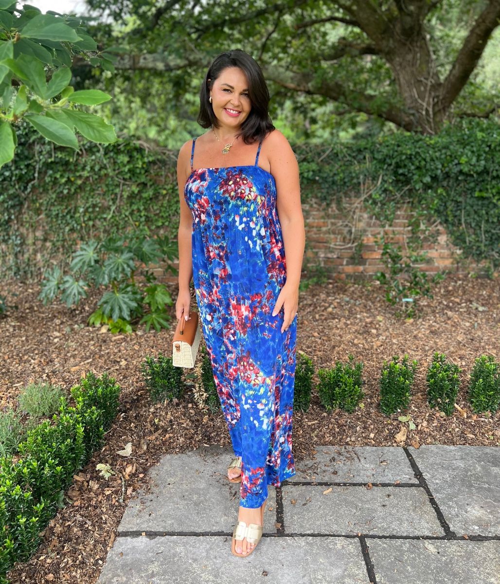 Blue Floral Shirred Midaxi Dress