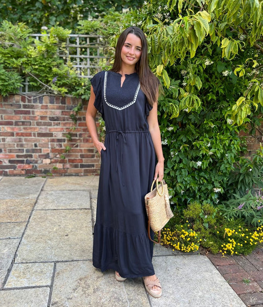 Dark Navy Shirred Panel Tiered Midi Dress