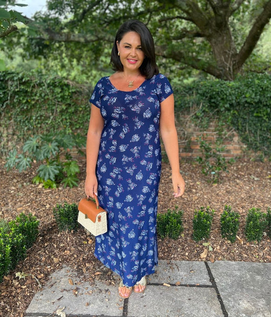 Navy Floral Print Midi Dress