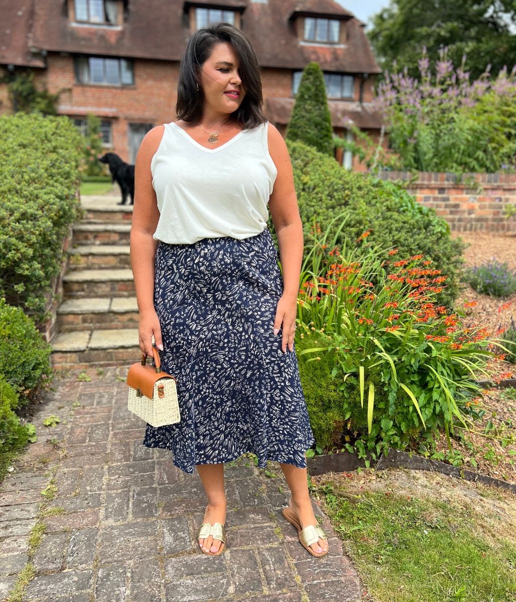 Navy Printed A Line Midi Skirt