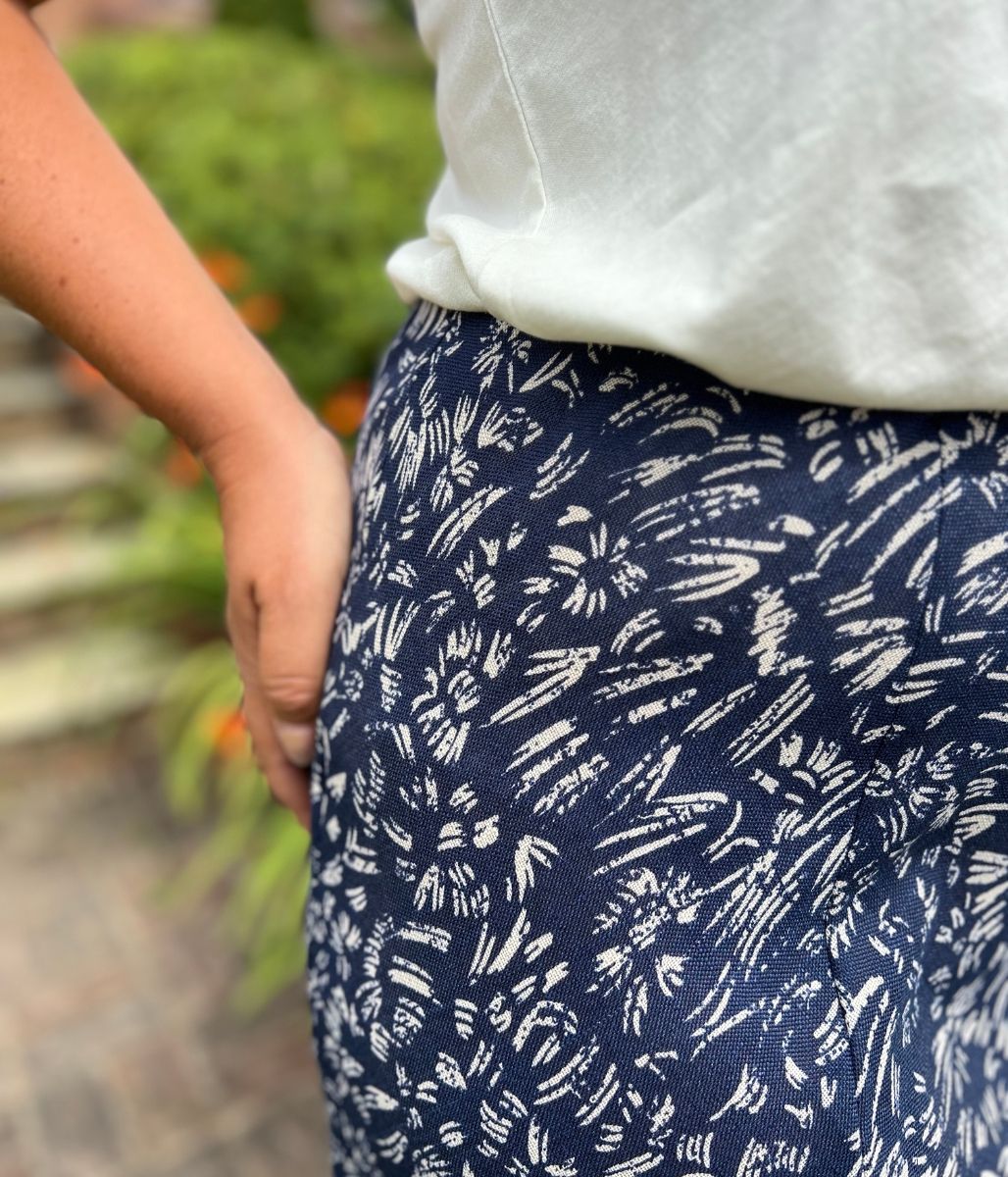 Navy Printed A Line Midi Skirt
