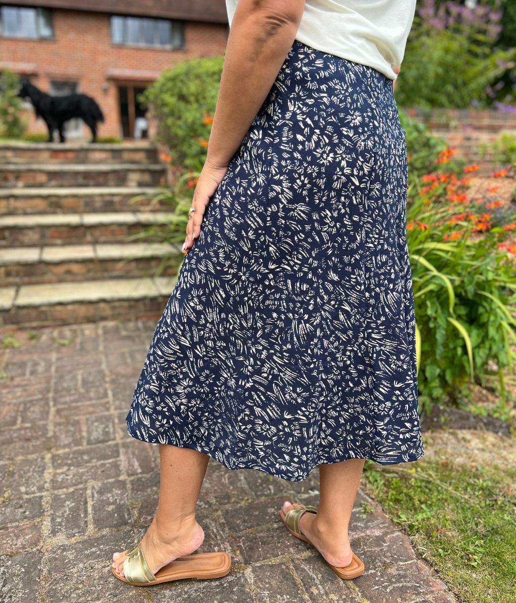 Navy Printed A Line Midi Skirt