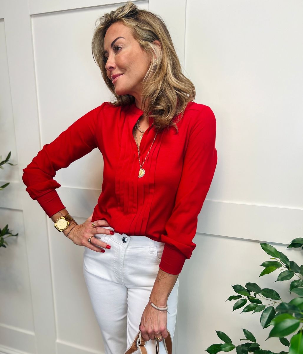 Red Pleated Jersey Blouse