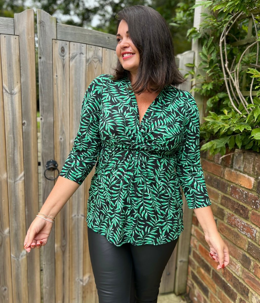 Green Leaf Print Twist Front Tunic Top
