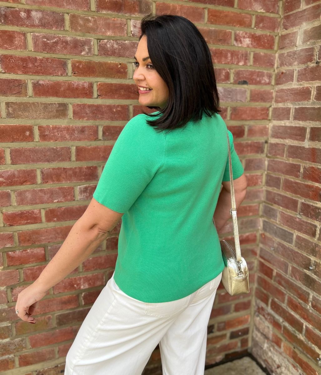 Green Cotton Rich Ribbed Collared Top