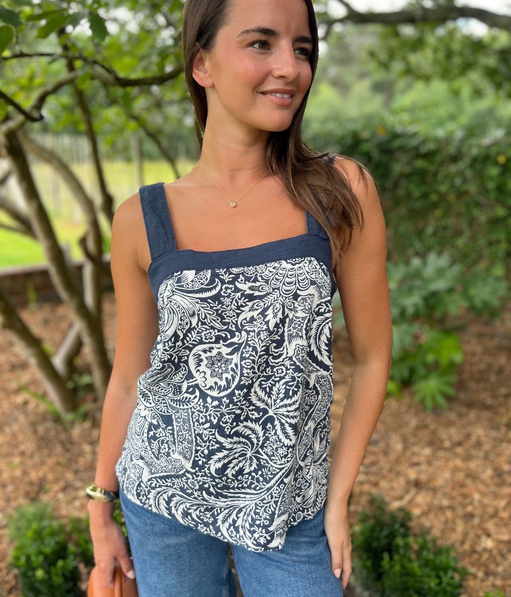 Navy Printed Linen Blend Button Back Top