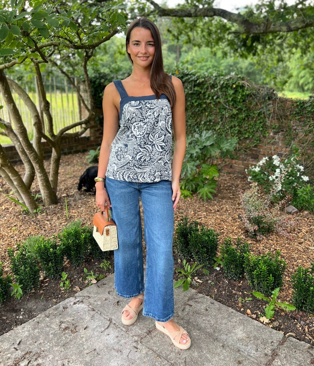 Navy Printed Linen Blend Button Back Top