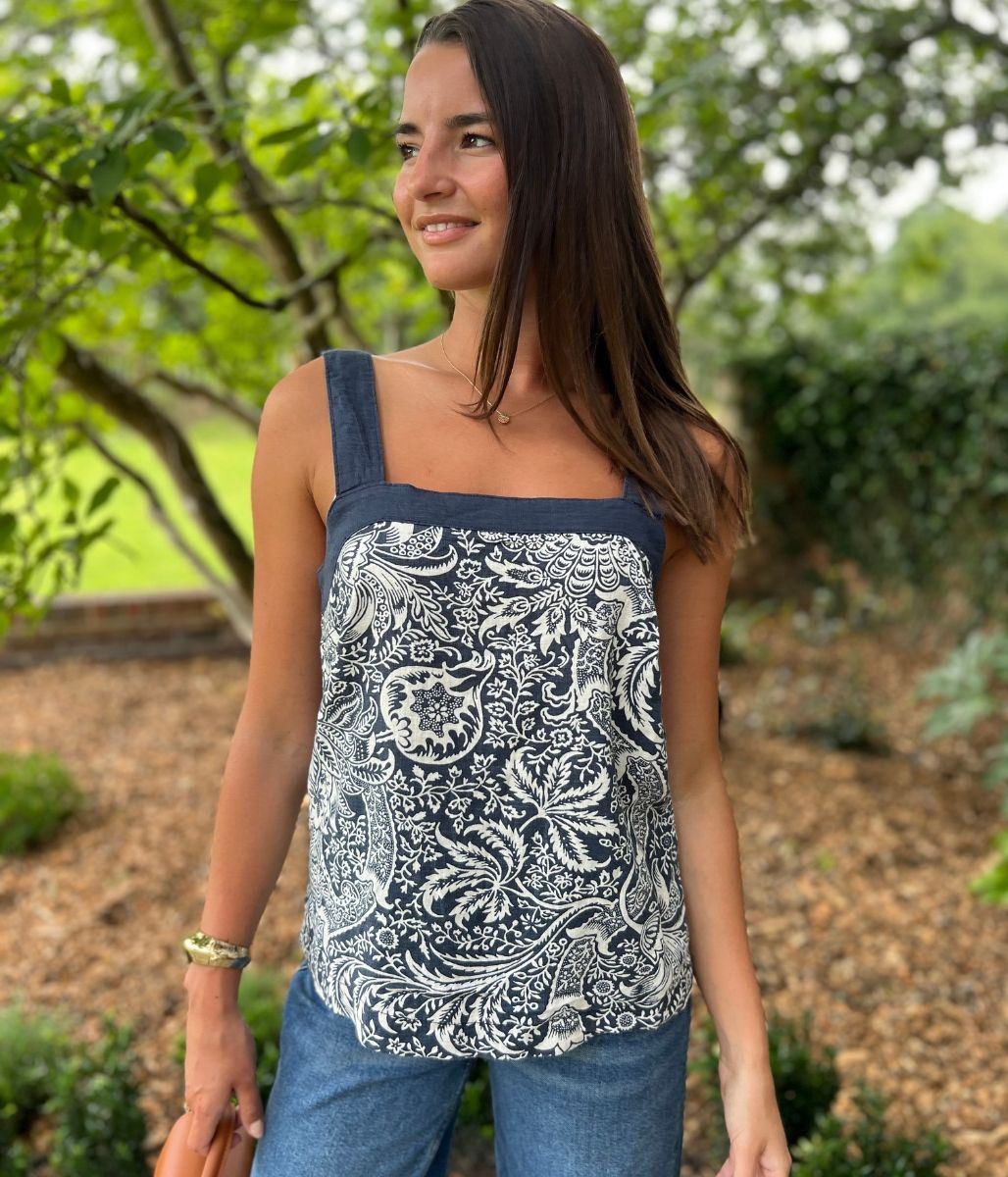 Navy Printed Linen Blend Button Back Top