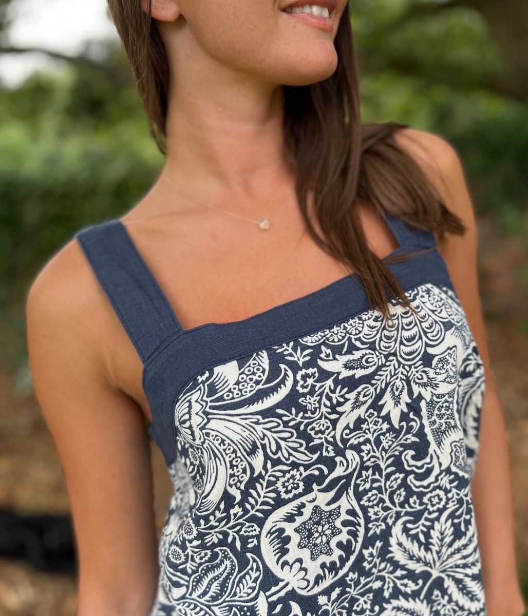 Navy Printed Linen Blend Button Back Top