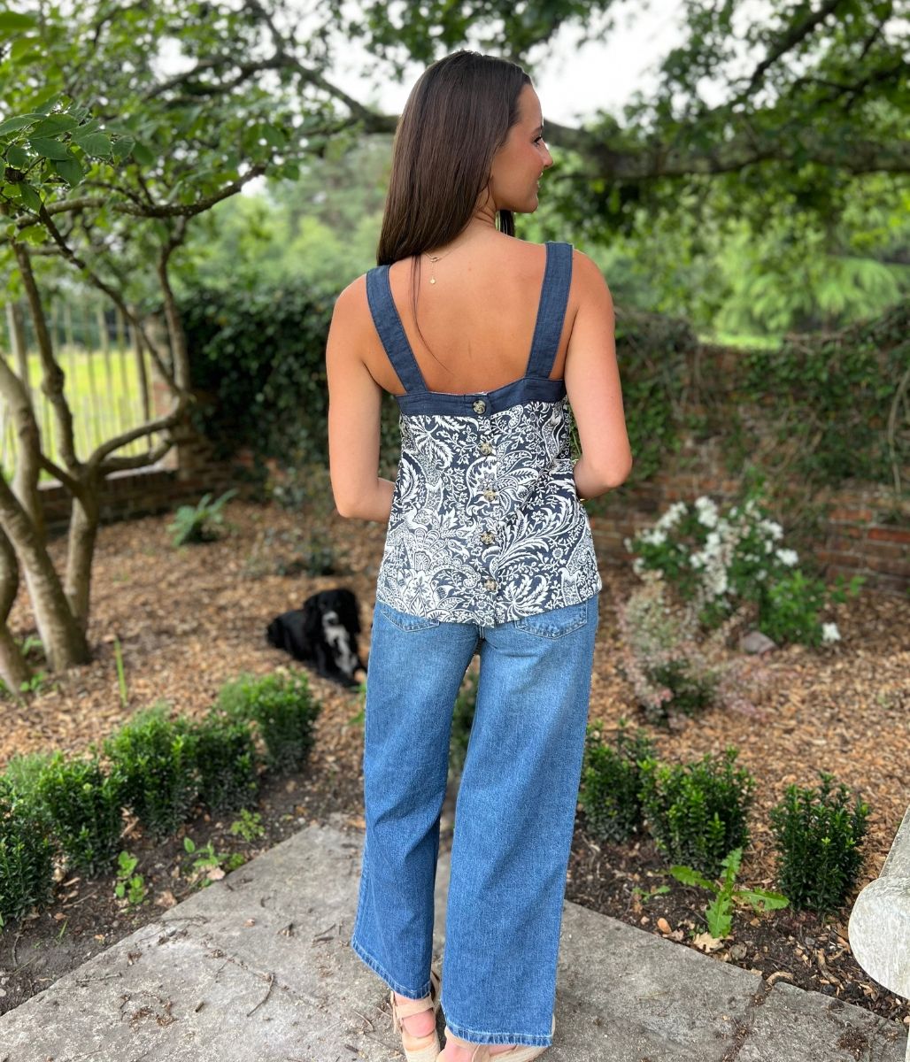 Navy Printed Linen Blend Button Back Top