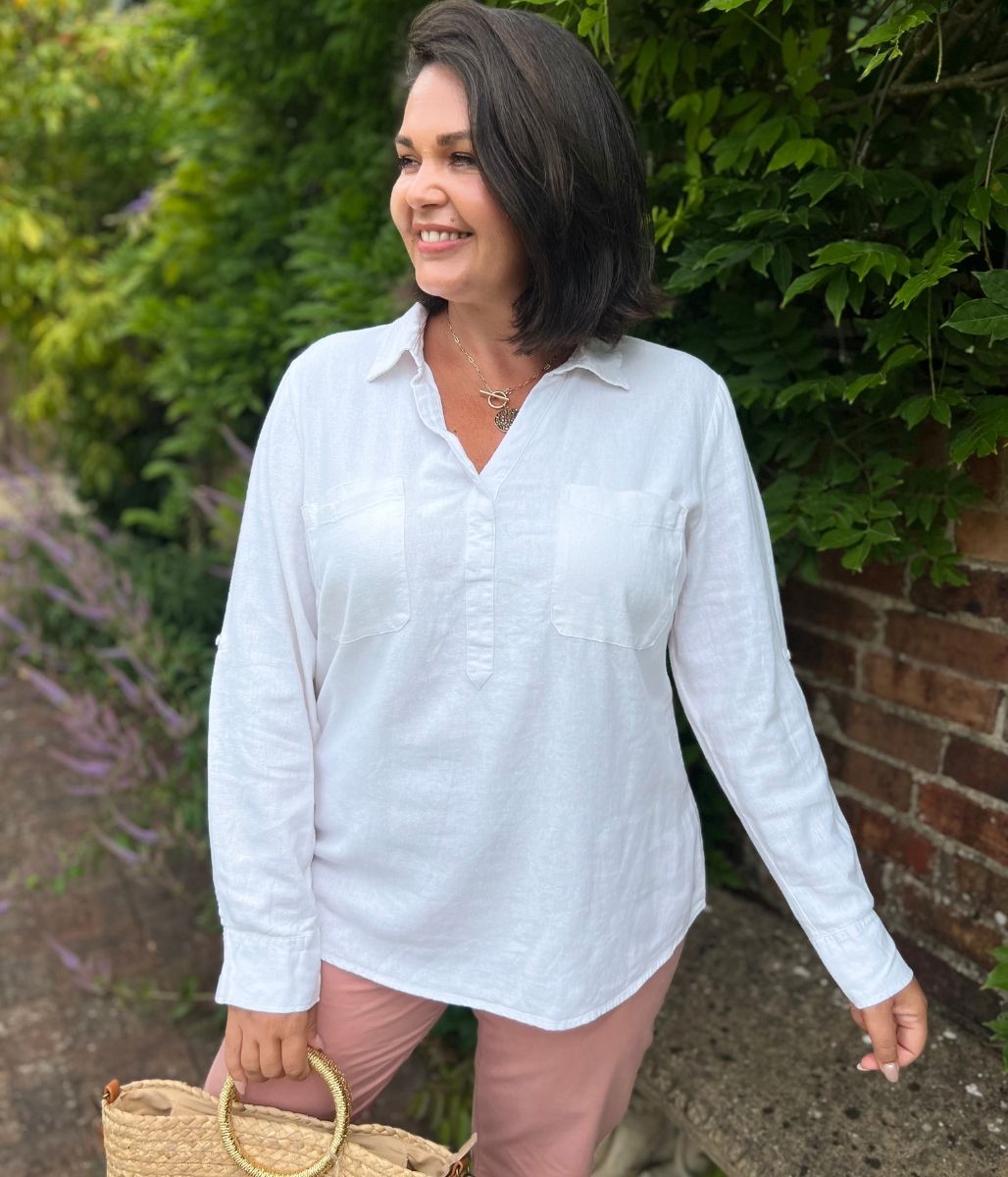 Ivory Linen Blend Pop Over Shirt