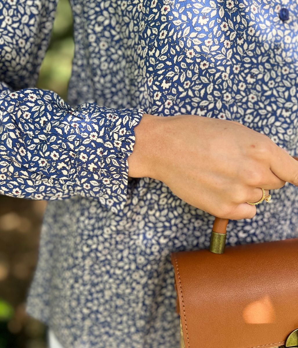 Navy Floral Print Popover Blouse