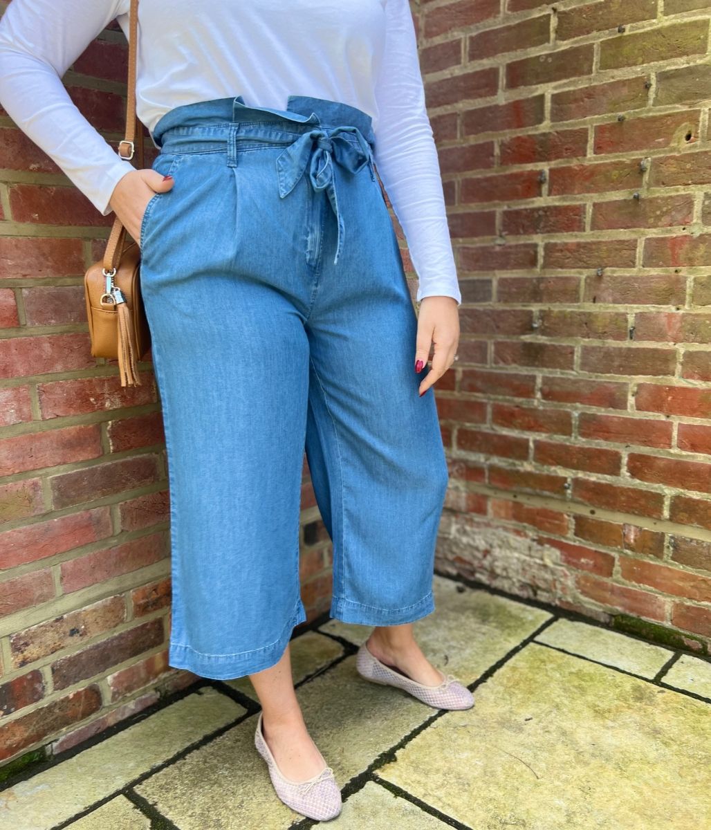 Blue Tencel Wide Leg Cropped Trousers