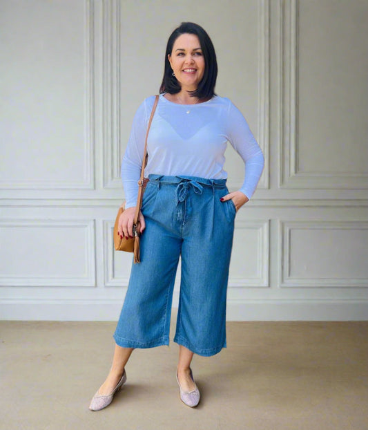 Blue Tencel Wide Leg Cropped Trousers