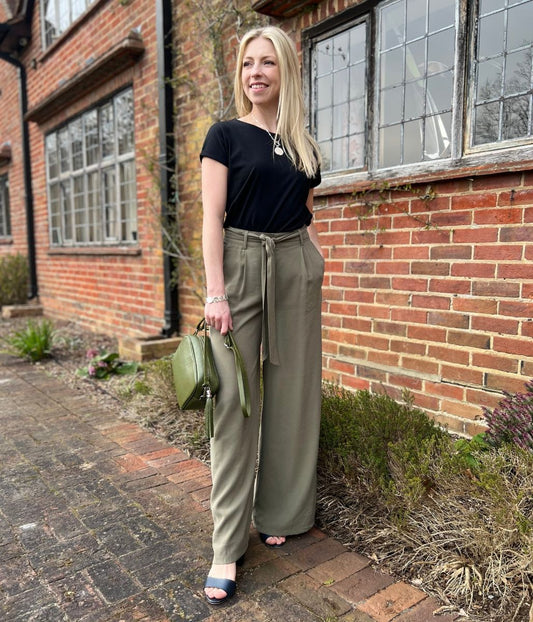 Khaki Tencel Tie Front Wide Leg Trousers