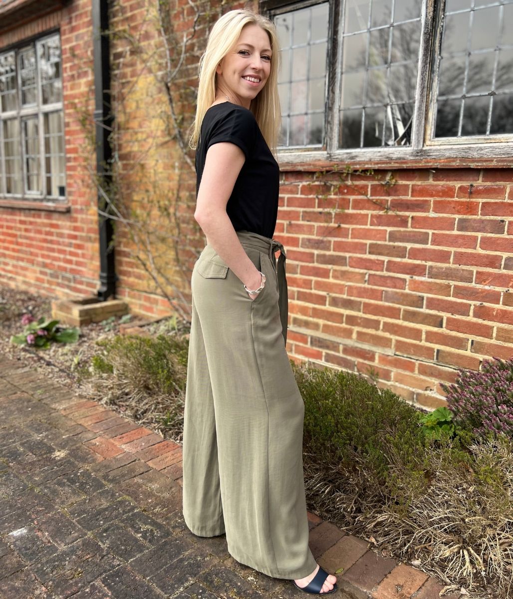 Khaki Tencel Tie Front Wide Leg Trousers