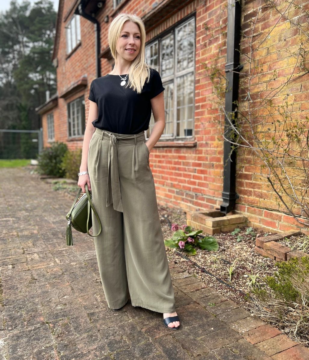 Khaki Tencel Tie Front Wide Leg Trousers