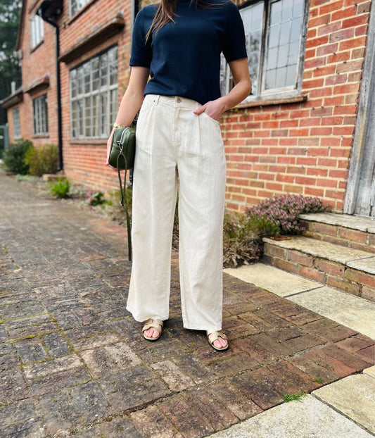Ecru Linen Blend Wide Leg Jeans