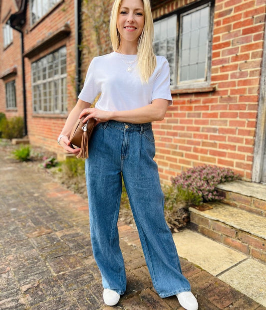Blue Linen Blend Wide Leg Jeans