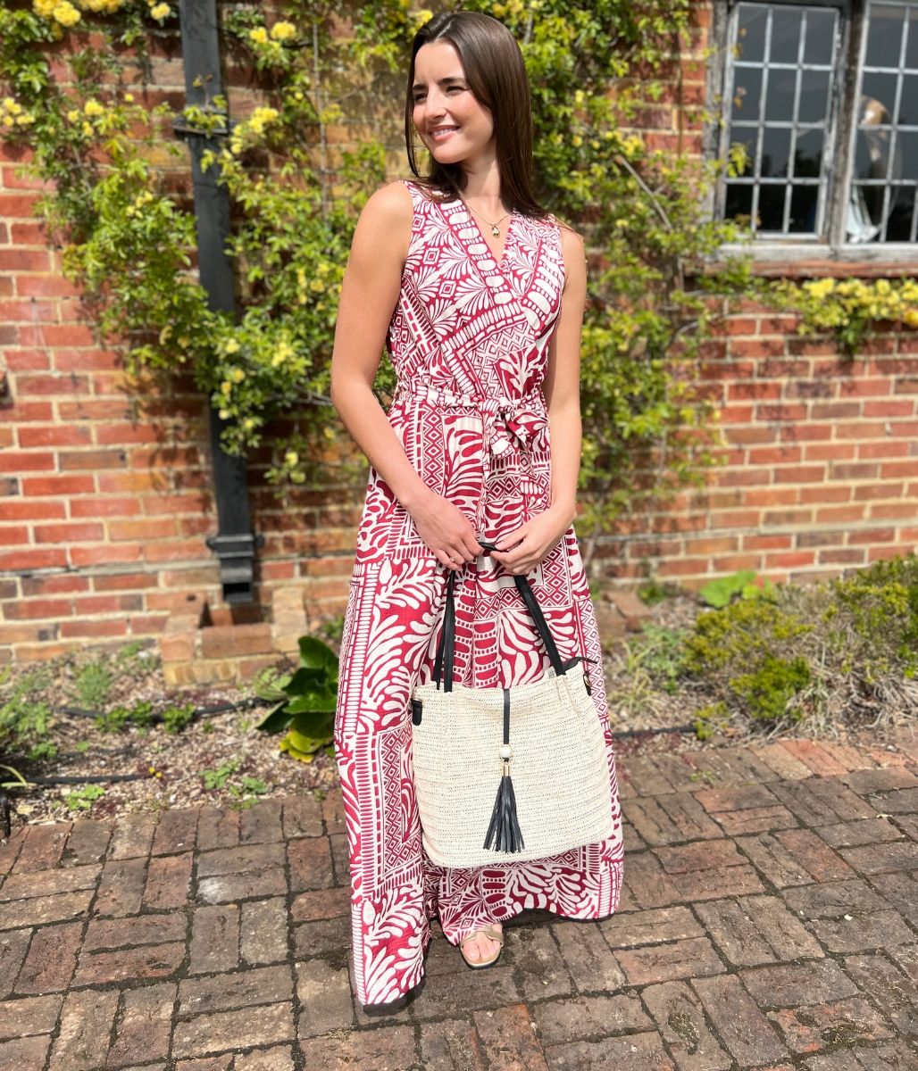 Red Geo Print Belted Jumpsuit