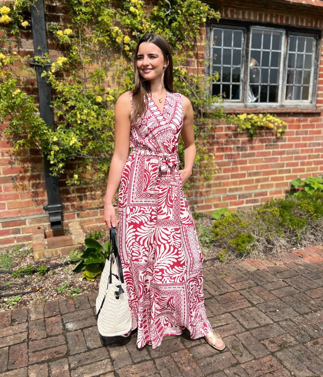 Red Geo Print Belted Jumpsuit