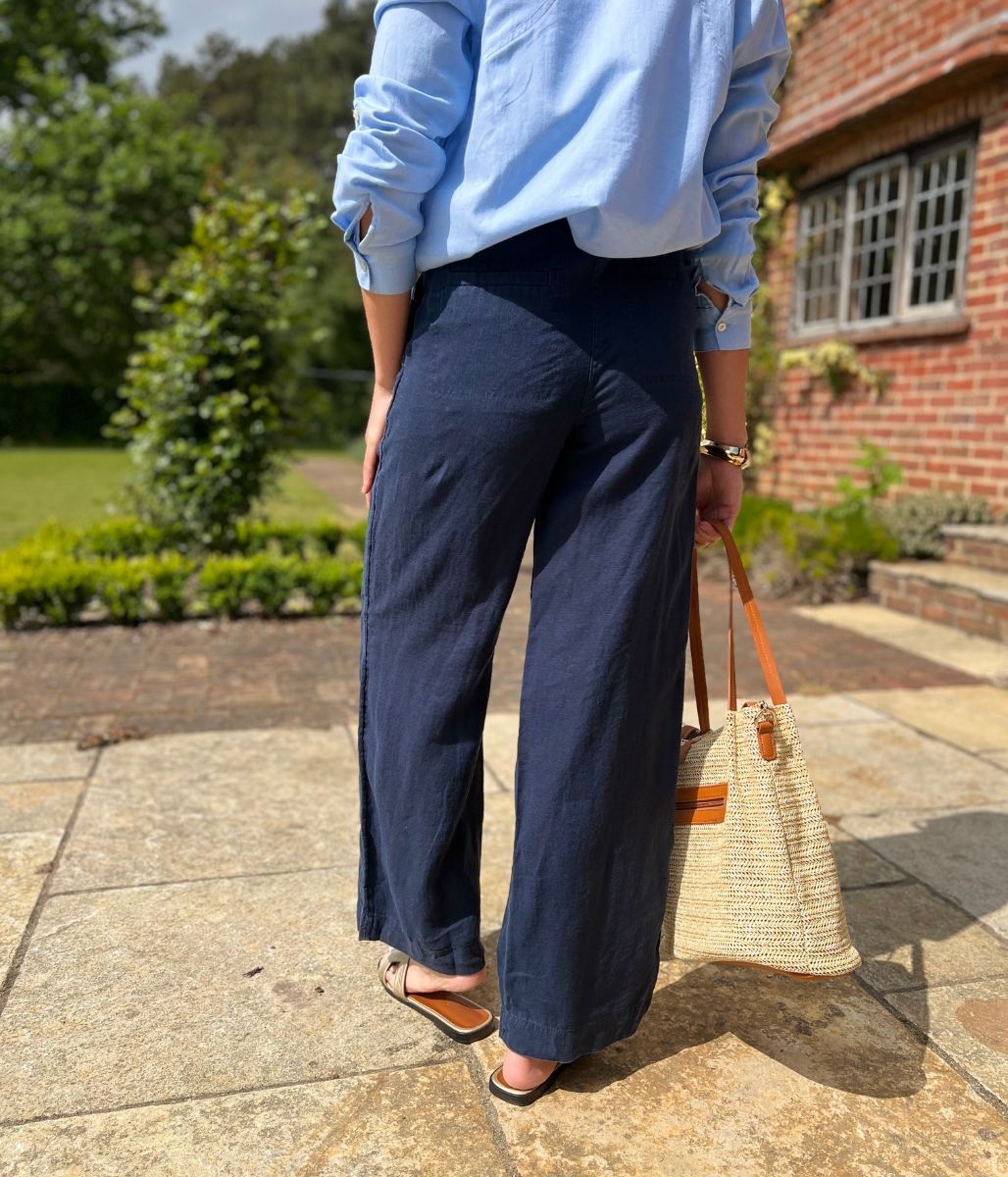 Navy Pure Linen Wide Leg Trousers