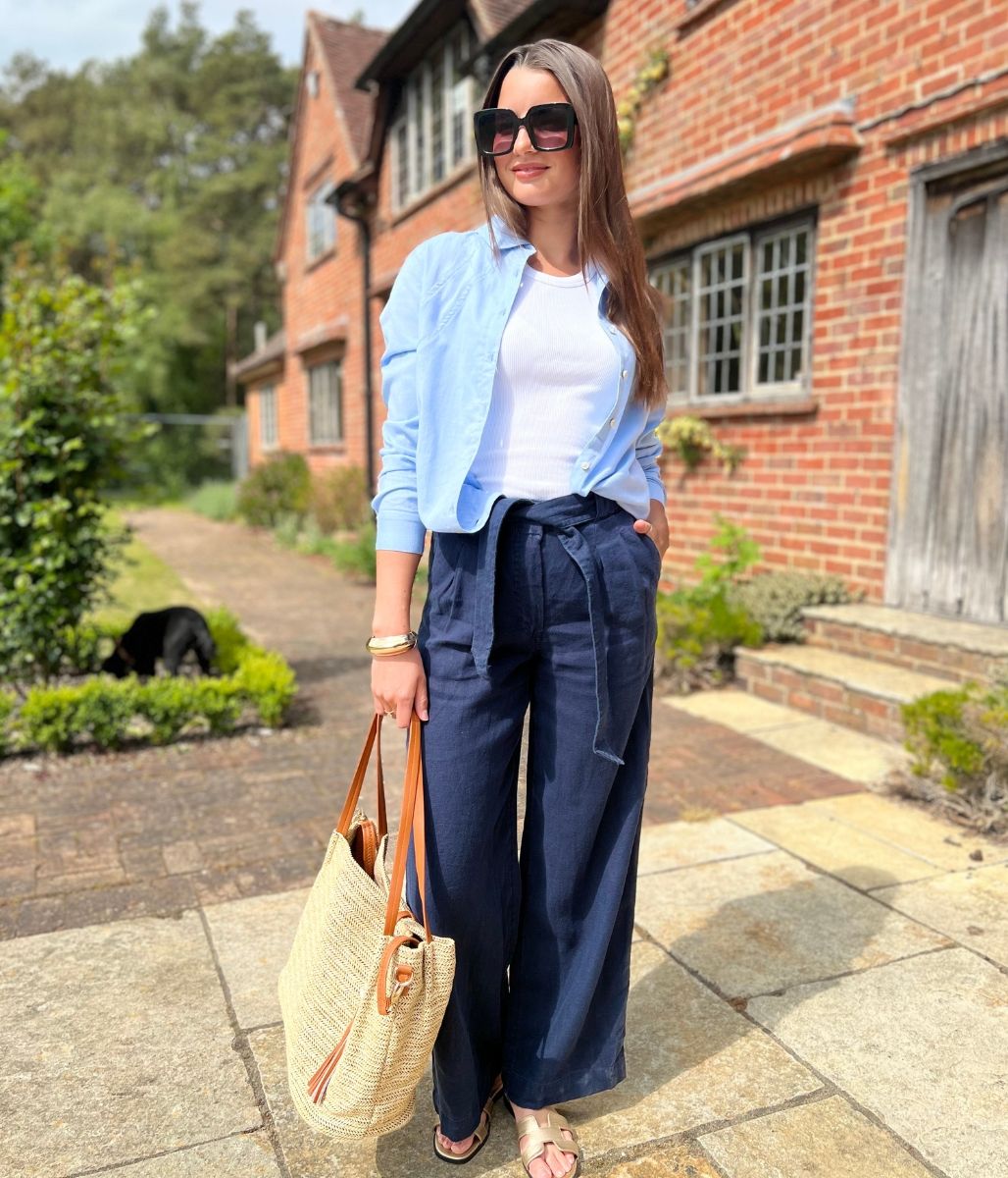 Navy Pure Linen Wide Leg Trousers