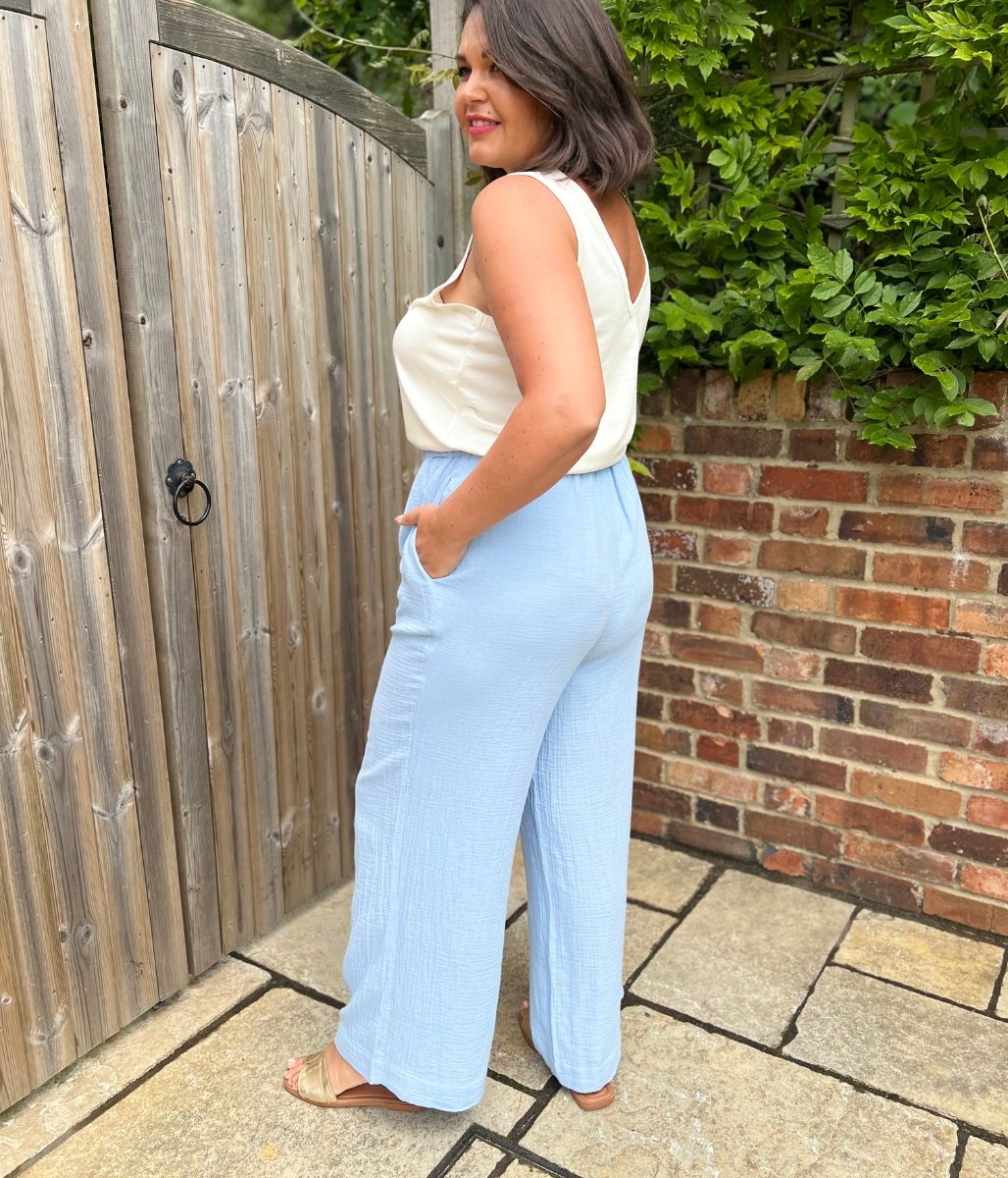 Light Blue Double Cloth Cotton Wide Leg Trousers