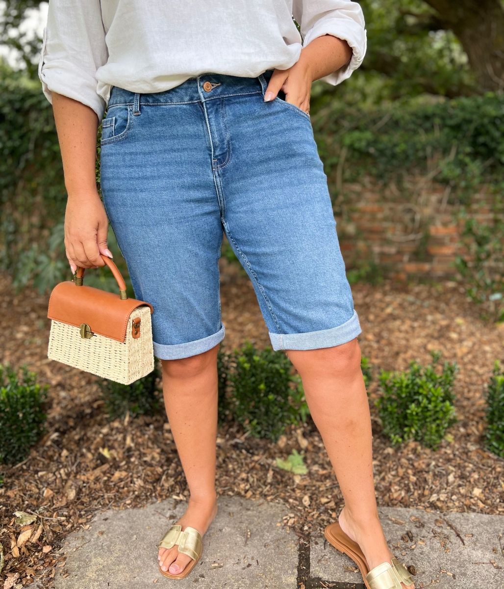 Mid Denim Knee Length Denim Shorts