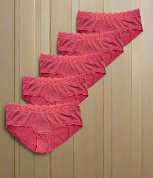 Pink 5 Pack Lace Trim Midi Briefs