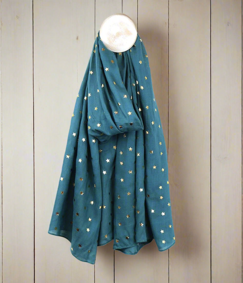 Pom Teal & Gold Star Scarf