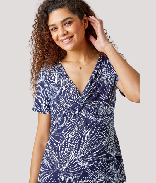 Navy Abstract Twist Front Top