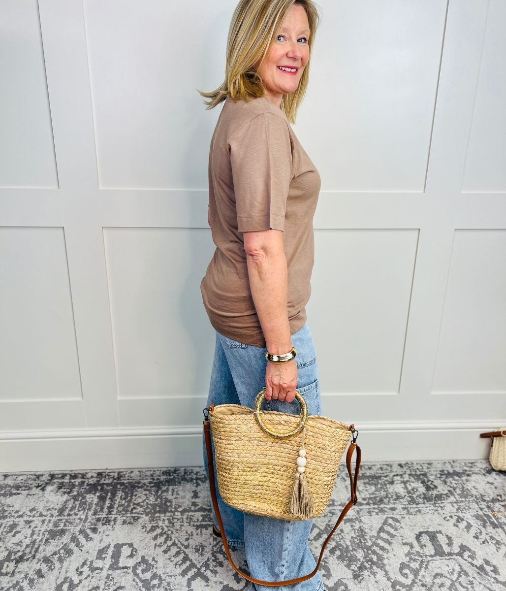 Beige Cotton Modal Slouch V-Neck T-Shirt