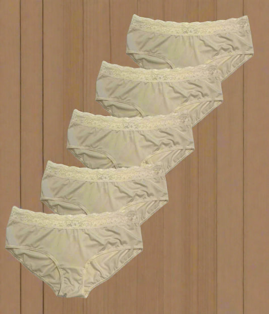 Ivory 5 Pack Lace Trim Midi Briefs